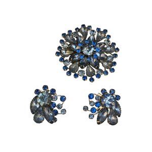 Vintage 2 Tone Blue Rhinestone Brooch Set (A7896)